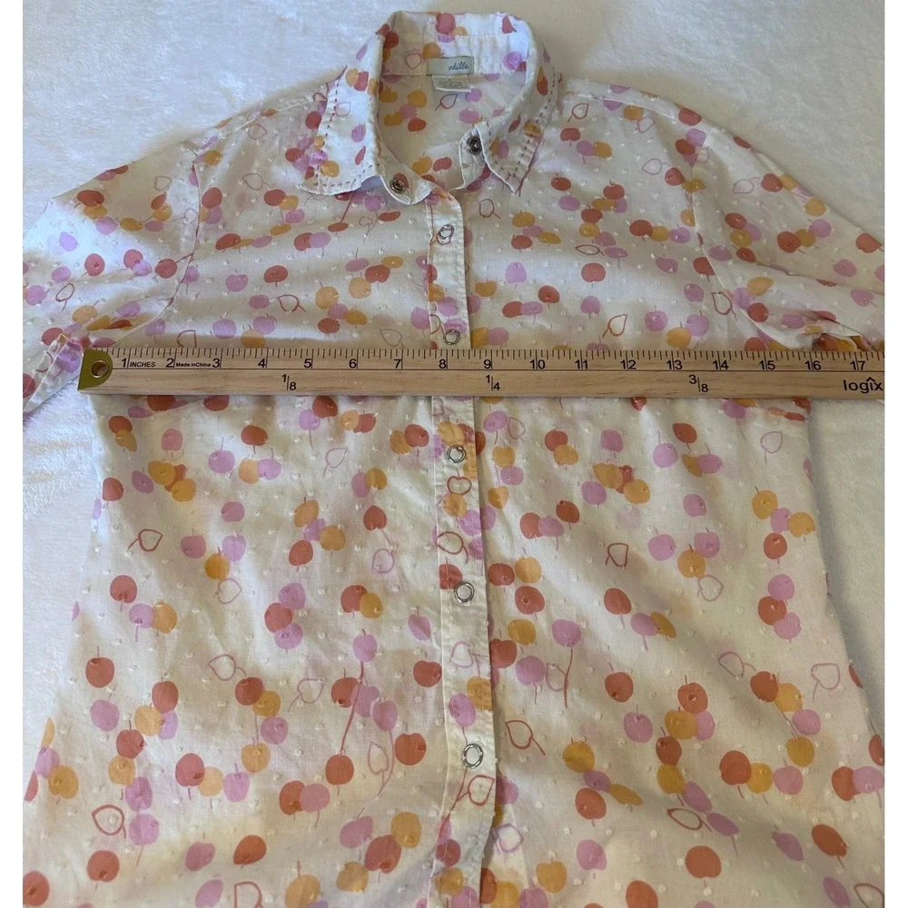 Odille Anthropologie Fruit Heart Swiss Dot Snap Button Blouse White Pink Size 2 - Picture 4 of 6